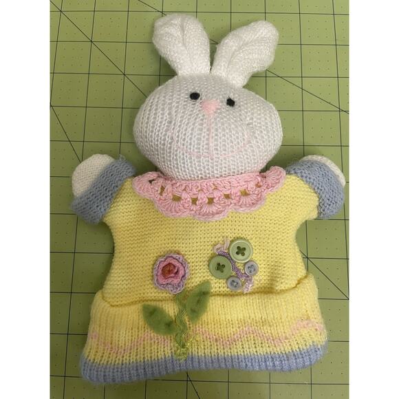 Bunny Rabbit Hand Puppet Easter Crochet Knit Pastel Floral Button Embellishments - Picture 2 of 7